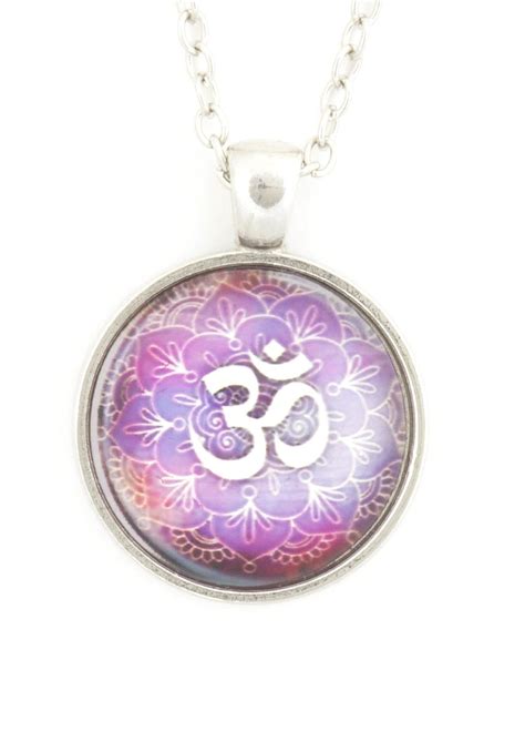 Magic Metal Lotus Flower Om Necklace Silver Tone Aum Hindu Mandala