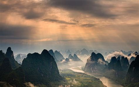 Mountain Range Mountains Mist River Nature Guilin China