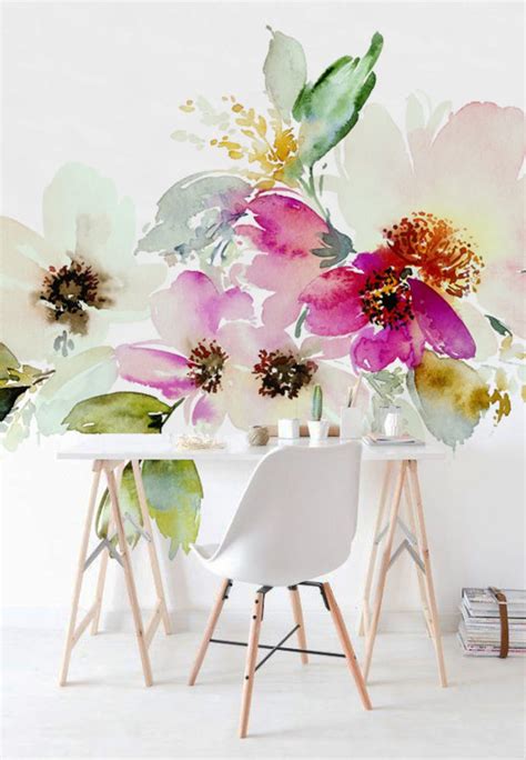 Watercolor Flowers Self Adhesive Mural Floral Wallpaper Etsy