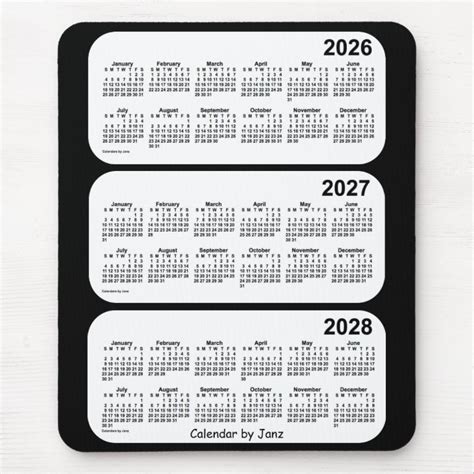 2026 2028 Black And White 3 Year Calendar By Janz Mouse Pad