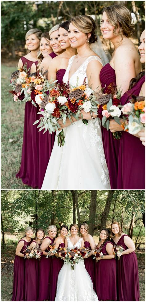 If you arrange them in a vase, they could accessorize the reception tables. Maroon bridal party, long formal bridesmaid dresses ...