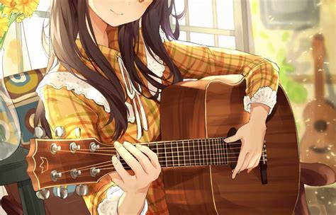 Wallpaper Anime Girl Instrument Music Brown Hair Playing Guitar