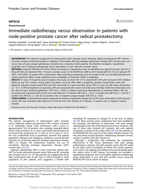 Immediate Radiotherapy Versus Observation In Patients With Node Positive Prostate Cancer After