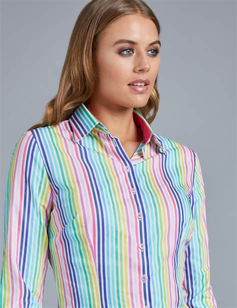 Womens Pink And Blue Multi Stripe Fitted Shirt Single Cuff Hawes