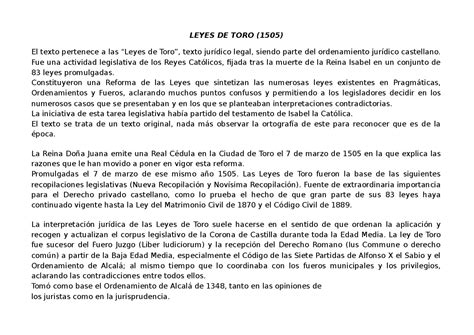 Leyes De Toro 1555 Esquema Docsity