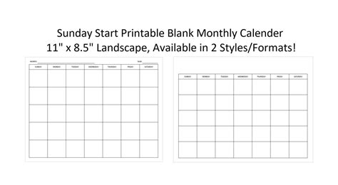 Sunday Start Printable Blank Monthly Calendar Available In 4 Etsy Canada