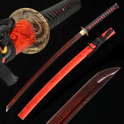 Japanese Katanas Style Swords Fully Handmade Damascus Steel Red Blade