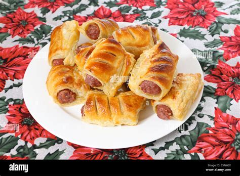 A Plate Of Sausage Rolls Traditional British Christmas Food On A