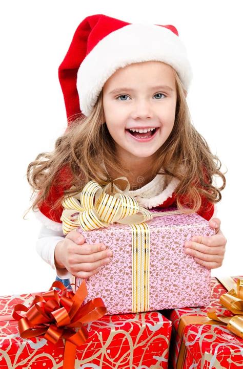 Happy Cute Little Girl With Christmas T Boxes Stock Photo Image