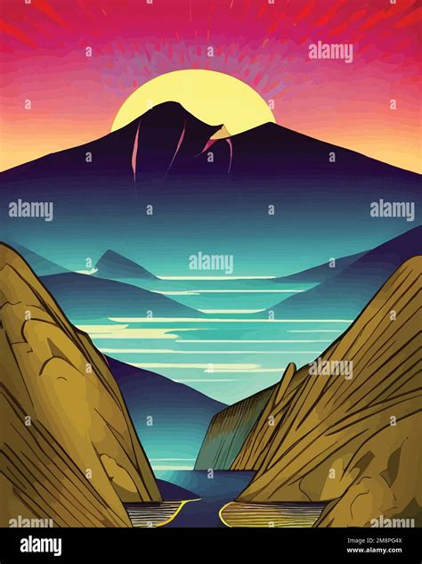 Bold Mountain Landscape With A River And A Sunset Vector Illustration