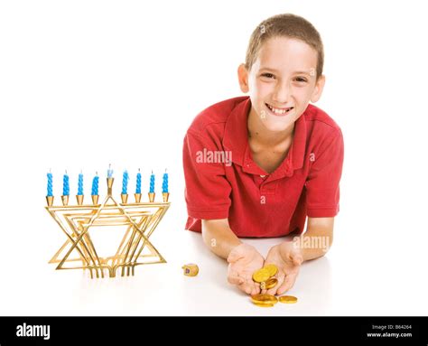 Happy Little Boy Holding Hanukkah Gelt He Won Playing Dreidel Isolated