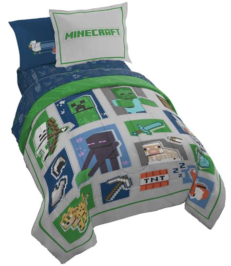 Minecraft Patchwork Blue And Green Bed In A Bag Bedding Set W Reversible