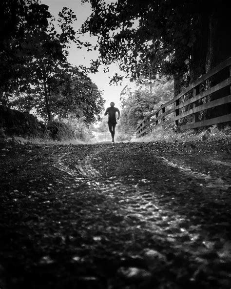 Black And White Photograph Of A Person Running Down A Path In The Woods Near A Fence