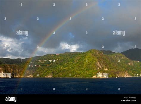 Double Rainbow Over St Lucia Caribbean Seen From The Sea Stock Photo