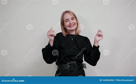 Smiling Young Woman Spreading Hands Looking Camera Isolated On White