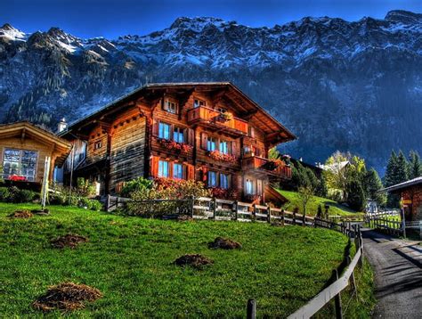 Swiss Chalet Pretty House Chalet Grass Cabin Switzerland