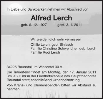 Traueranzeigen Von Alfred Lerch Trauer Hna De