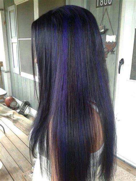 My Black Hair With Purple Highlights Hair Highlights Long Hair