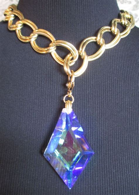 Large Crystal Prism Necklace Chunky Gold Tone Double Chain Etsy