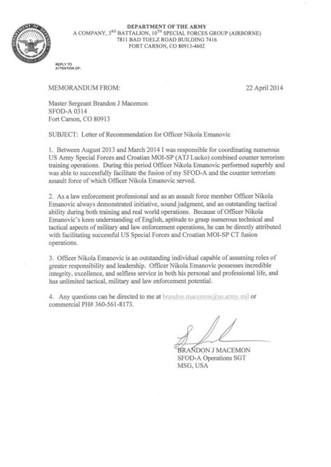 Us Army Sf Letter Of Recommendation