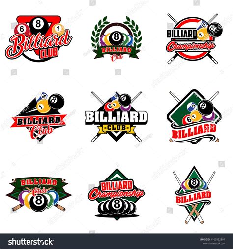 Set Of Billiards Badges Design Logos With Ball Sticks And Simple Text