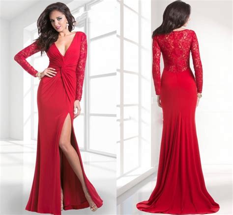 red lace prom dresses 2015 new long sleeve high side split sexy v neck floor length mermaid long