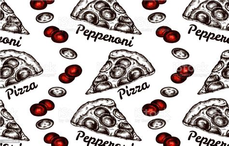Sketch Hand Drawn Pattern With Black And White Pepperoni Pizza Stock