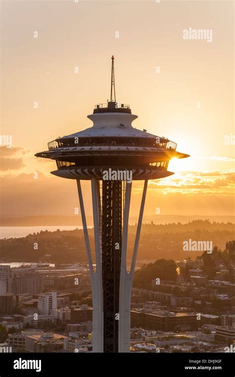 Aerial View Of The Space Needle And Seattle Skyline Sunset On June 11