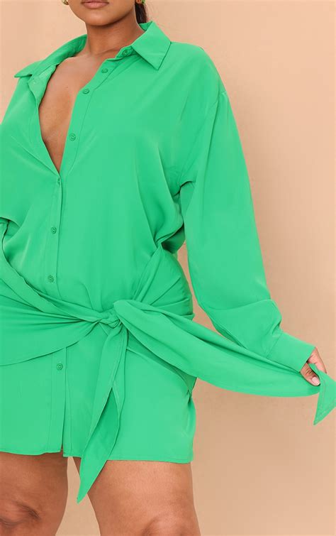 Plus Bright Green Tie Front Shirt Dress Prettylittlething Usa