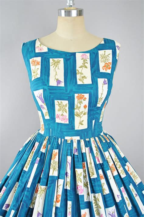 Vintage 50s Day Dress 1950s Teal Cotton Sundress Framed Etsy