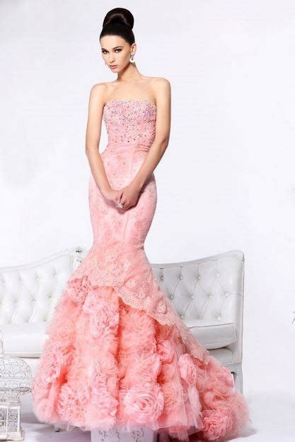 Mermaid Strapless Long Pink Organza Floral Lace Beaded Prom Dress With