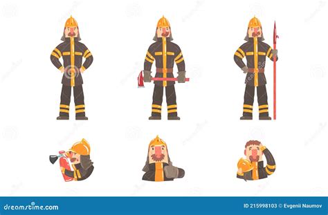 Sets Of Professional Firefighters Firemen Characters In Uniform With