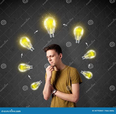 Young Man Thinking With Lightbulb Circulation Around His Head Stock