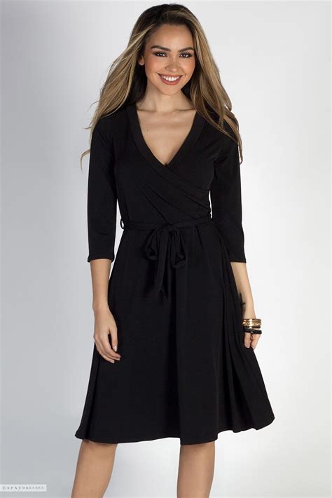 Well Dressed Black 3 4 Sleeve A Line Wrap Dress Wrap Dress Dresses Classy Dress