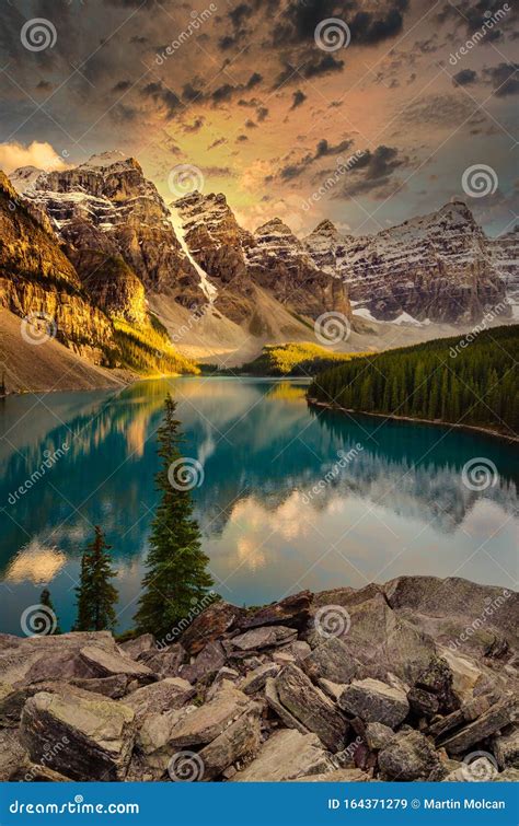Landscape View Of Moraine Lake In Canadian Rocky Mountains Stock Image