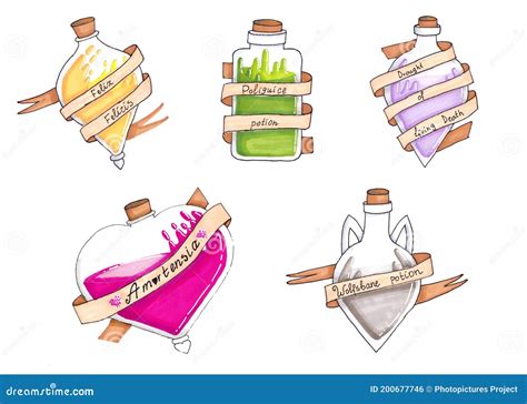 Handmade Drawing With Markers Of Potion Bottles Stock Illustration