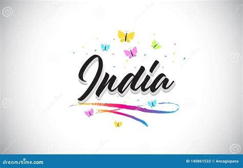 India Handwritten Vector Word Text With Butterflies And Colorful Swoosh