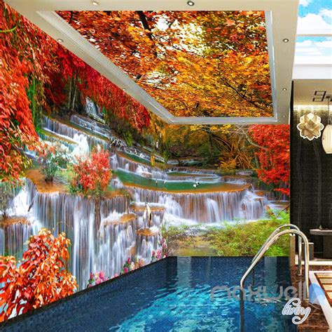 3d Red Forest Waterfall Entire Room Wallpaper Wall Mural Art Prints Id