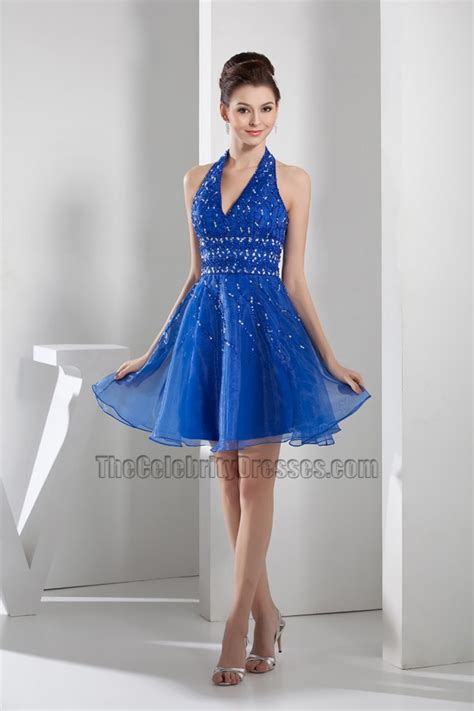 Short Royal Blue Halter Graduation Cocktail Party Dresses With Beading