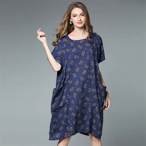 4xl Women Plus Size Summer Dress Cotton Linen Flower Print Short Sleeve