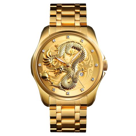 Skmei Luxury Golden Men Quartz Watch Chinese Dragon Pattern Waterproof