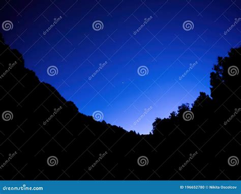 Scenic Night Sky Panorama View With Trees Silhouettes Stock Photo