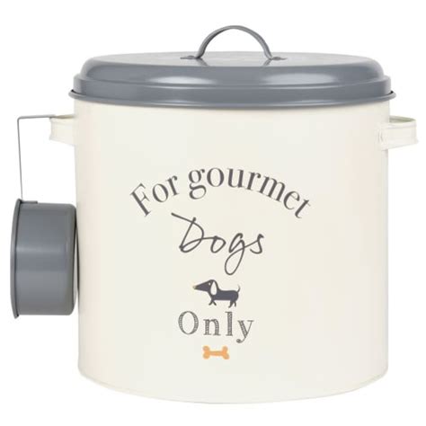 The sealed storage container features a foam seal and snap lock latches to keep pet food fresh and keep pests or moisture out. Beige and Grey Metal Dry Dog Food Storage Container with ...