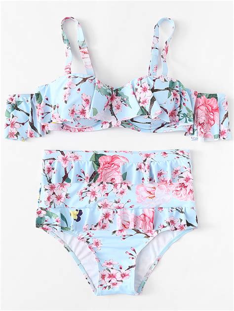 Flower Print Flounce Swimsuitfor Women Romwe High Waisted Bikini