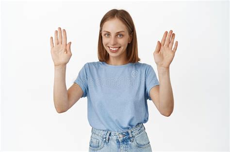 Image Of Happy Young Woman Smiling Raising Hands Up In Surrender Has
