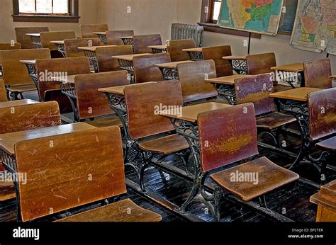 Vintage Turn Of The Century Old School Classroom With The Wooden Desks