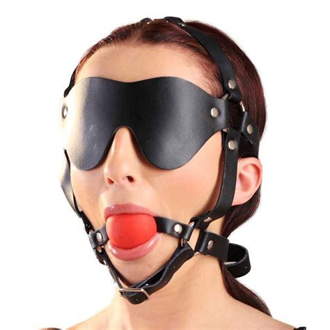 Leather Eye Blindfold Mask Strap On Head Harness Slave Game Mouth