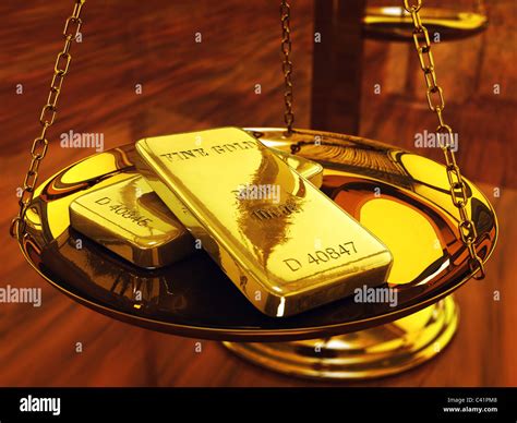Gold Ingots On Brass Scale 3d Illustration Stock Photo Alamy