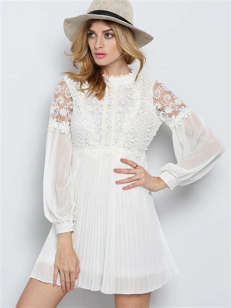 White Long Sleeve Embroidered Bead Lace Dress Sheinsheinside