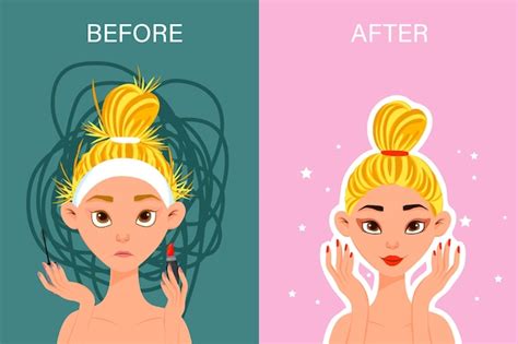 Premium Vector Female Character Before And After Makeup Cartoon